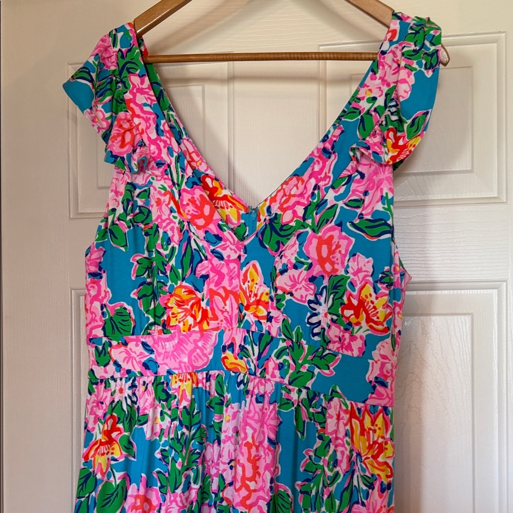 Lilly Pulitzer Floral V-Neck Ruffle Sleeve Maxi Dress in Teal, Pink & Yellow - Picture 6 of 10